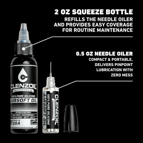 Clenzoil Airsoft & Air Gun Oil - Pure Silicone Lubrication for Air Rifles & Pistols - 2 oz Bottle & 0.5 oz Needle Oiler Combo