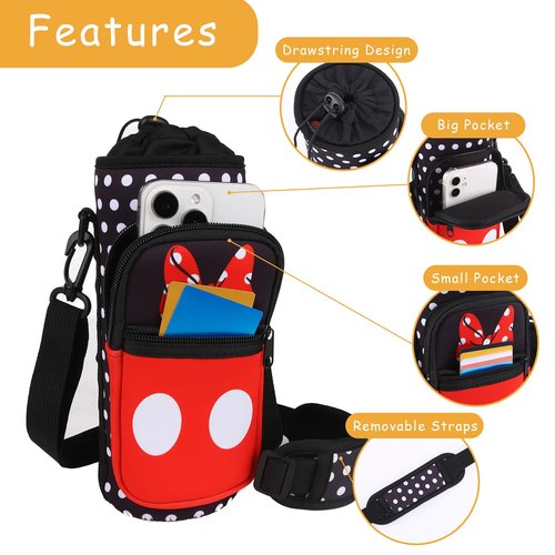 Cute Water Bottle Holder with Strap, Neoprene Insulated Crossbody Sling Bag Carrier with Adjustable Shoulder for 20-32oz Bottles, Phone & Pockets, Perfect for Travel, School & Outdoor Activities