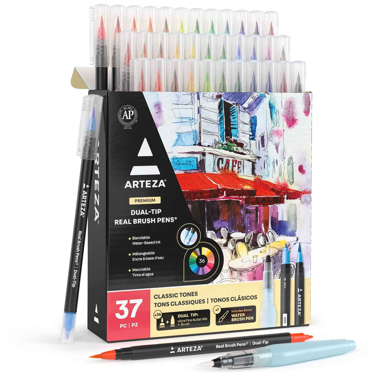 ARTEZA Watercolor Pens, 36 Dual-Tip Markers with Flexible Nylon Brush Tips, Classic Tones, Double Sided Markers with Water Brush