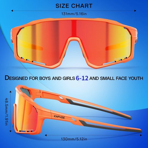 KAPVOE Youth Sports Sunglasses Polarized Kids Glasses for Baseball Softball Cycling Running Boys Girls Age 6-12 K9033
