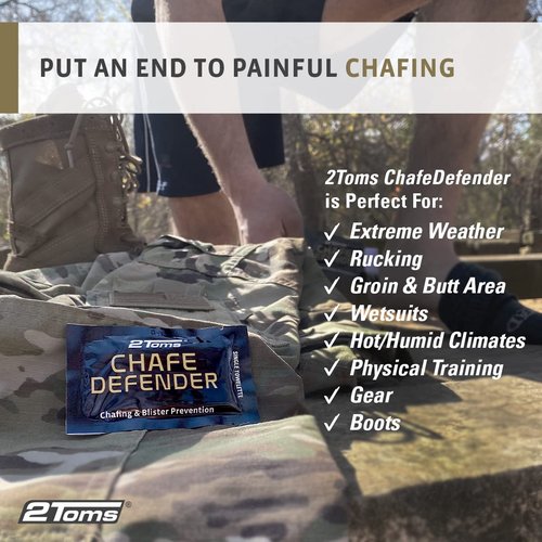 2Toms Chafe Defender, Military Grade Anti-Chafe and Blister Prevention, All-Day Waterproof and Sweatproof Protection from Chafing and Skin Irritation, 6-Pack Single-Use Towelettes