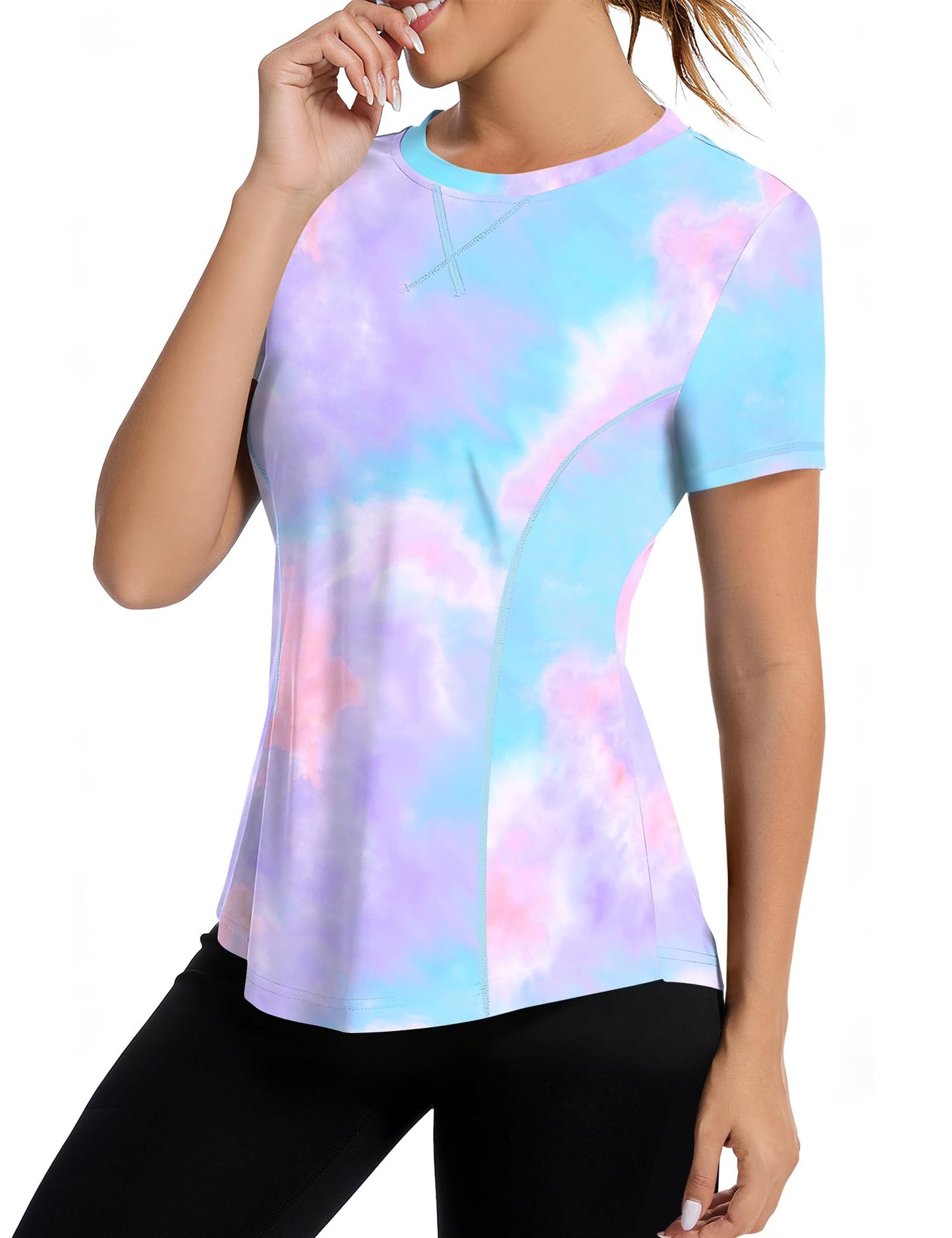 Avoogue Short Sleeve Workout Tops for Women Athletic UPF 50+ UV Protection Shirts Rashguard Pilates Gym Shirts(Colorful Tie Dye,L)