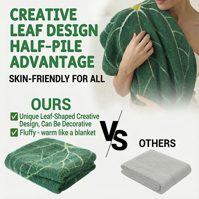 ZZTLHDS Leaf Shaped Half-Pile Blanket, Rogation 2-in-1 Ultra-Soft Half-Pile Wipe Bath Towel & Throw Blanket, Multipurpose Leaf Design for Bedroom, Travel, Couch Warm & Stylish(Green)