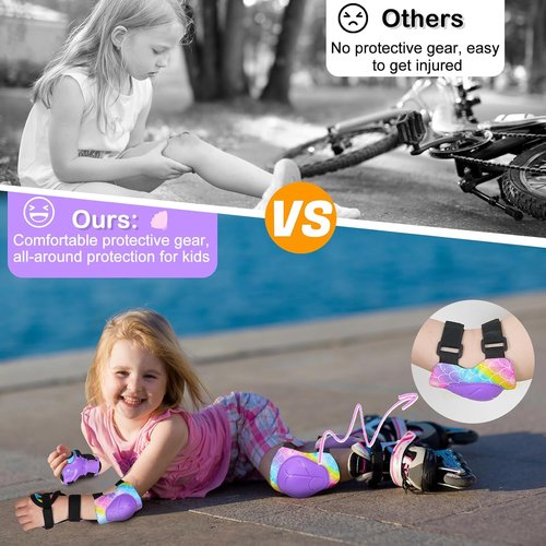 FIODAY Kids Knee Pads - Adjustable Elbow Pads & Wrist Guards for Roller Skating | Rainbow Mermaid, 3-8 Years