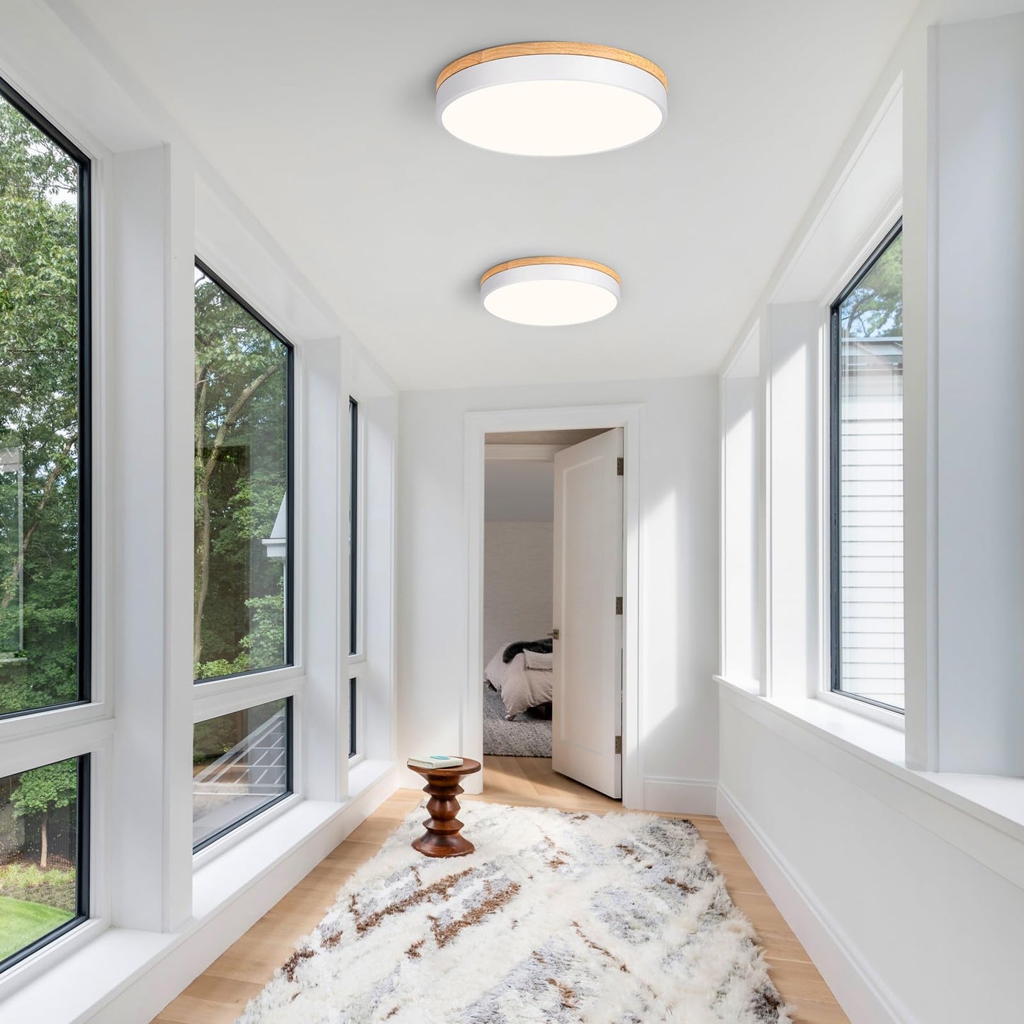 Modern LED Ceiling Light, Dimmable Wood Flush Mount Ceiling Lighting Fixture, 5CCT Round Wood Close to Ceiling Lamp for Kitchen Hallway Bathroom Office Laundry Room Entryway Nursery(White& 15.75 in)