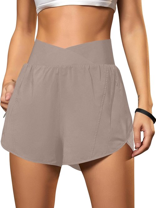 Blooming Jelly Women's High Waisted Workout Shorts - Crossover Design with Zipper Pockets