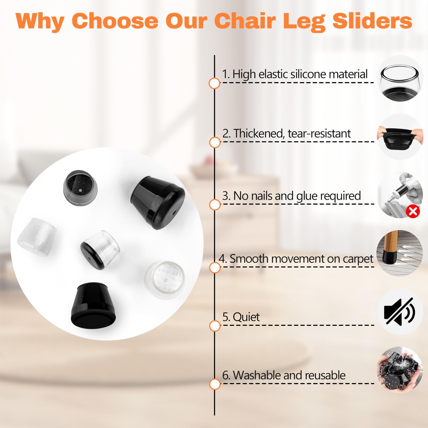 16pcs Chair Leg Protectors for Carpet, Round Bar Stools Feet Glides Covers Caps Furniture Foot Sliders with Plastic Pads, Damage-Free Move on Carpets (Fit:5/8"~13/16", Black Bottom)