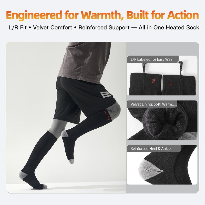 Heated Socks for Men & Women, Rechargeable Electric Thermal Socks with 5000mAh Curved Battery, 4 Heat Levels, Washable, Warm Winter Foot Warmers for Skiing, Hiking, Hunting, Outdoor Work (Black)