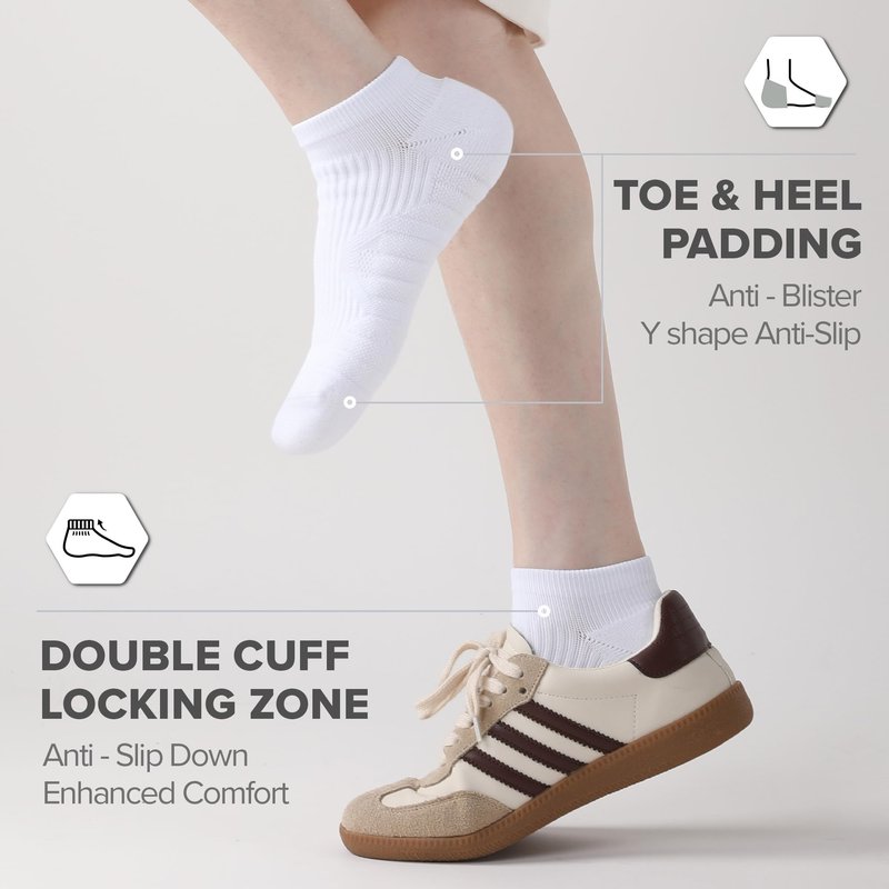 Running Socks Men Women, Cushion Padded Anti-Blister, Coolmax Moisture Wicking Cooling, Targeted Compression, Ankle Low Cut No Show Walking Hiking Tennis Golf Gym Athletic Socks (Medium, White)