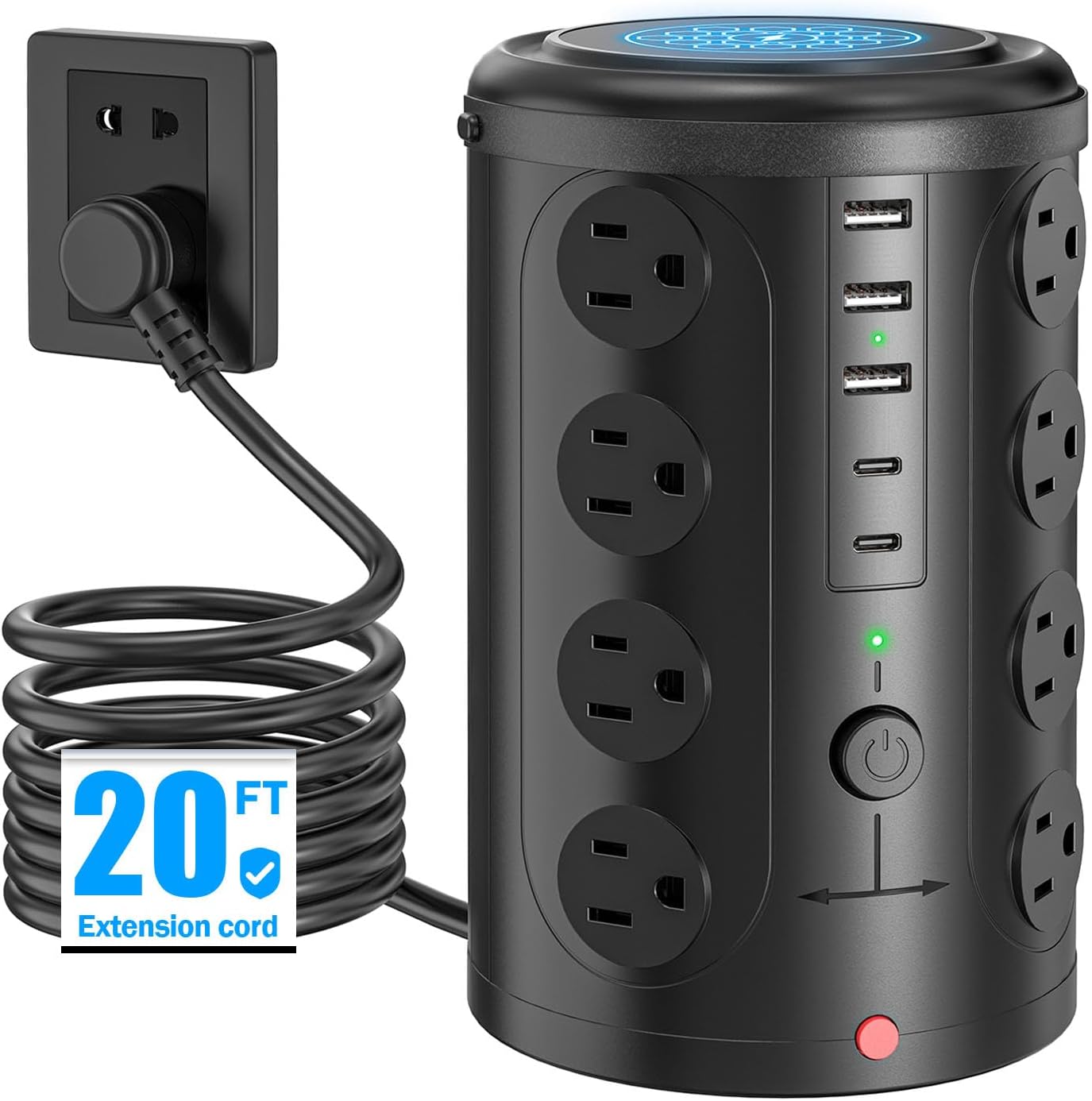 15W Wireless Charging Surge Protector Power Strip with 16 AC Outlets & 5 USB Ports - Desk Charging Station for Home, Office & Dorm Room (10FT)
