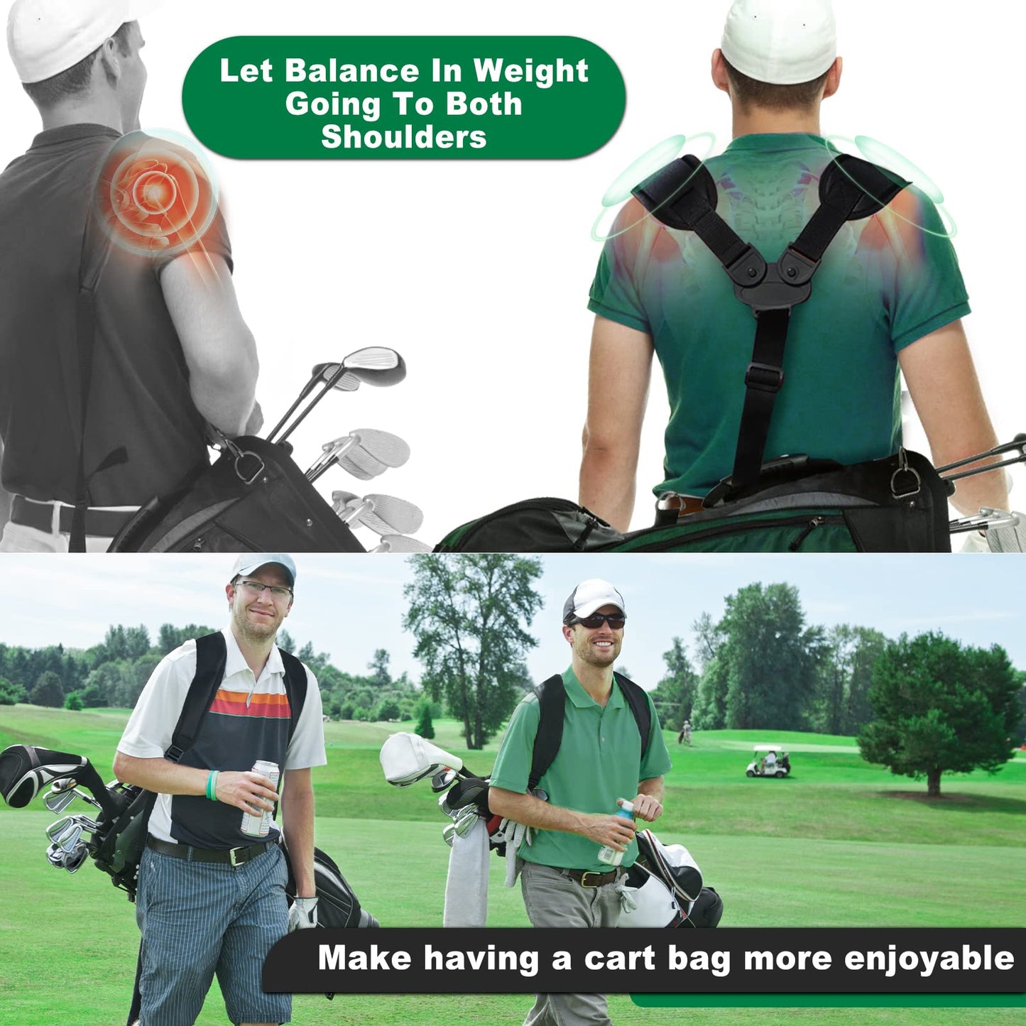 BIG TEETH Golf Bag Straps Swivel Backpack Straps Double Strap, Adjustable Thick Padded Bag Strap, Universal Comfort Easy Installation (2 Buckle Connected Black)