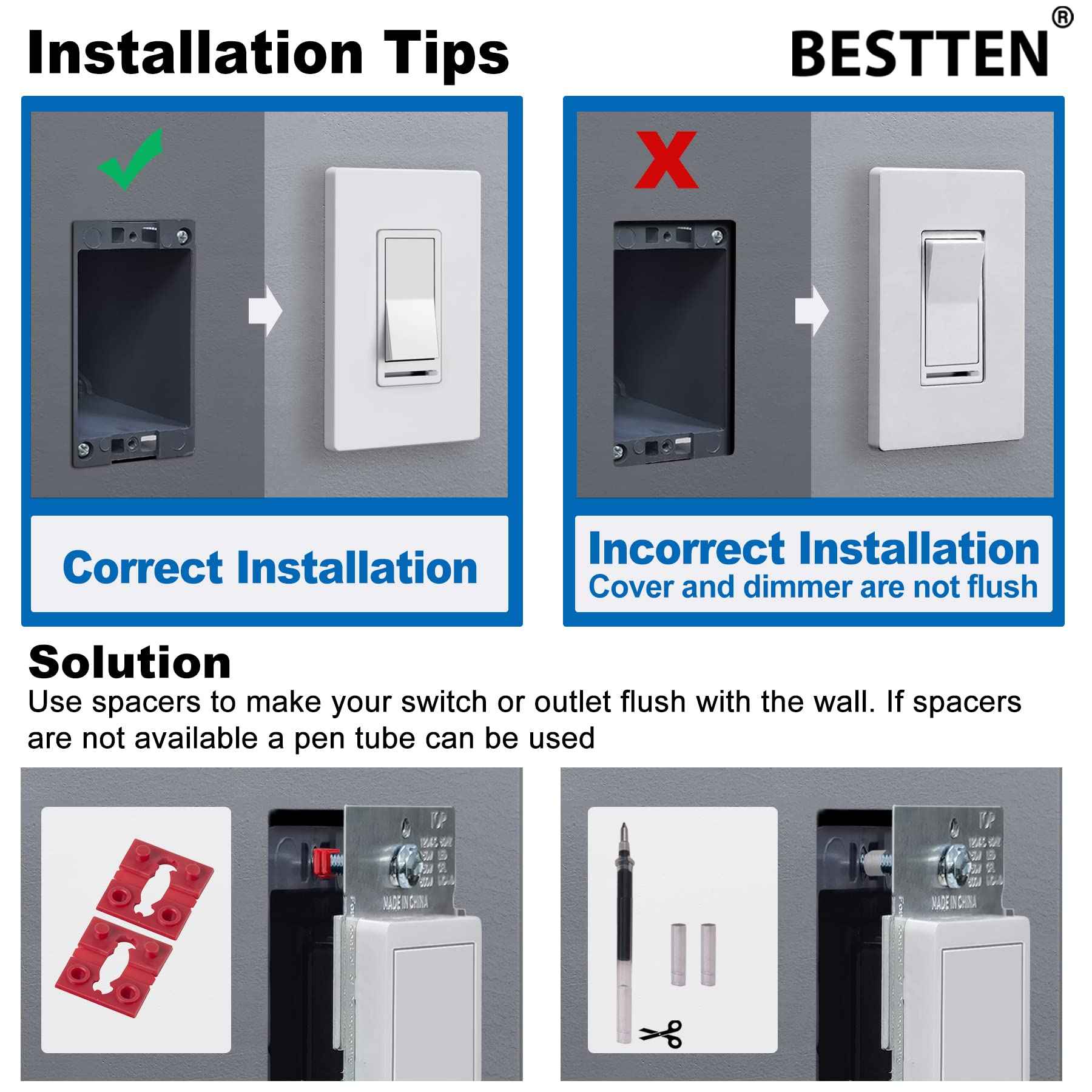 BESTTEN 10 Pack Dimmer Light Switch, for LED Dimmable Lamp, CFL, Incandescent, Halogen Bulb, Single Pole or 3-Way LED Slide Dimmer Switches, Screwless Wall Plate Included, UL Listed, White