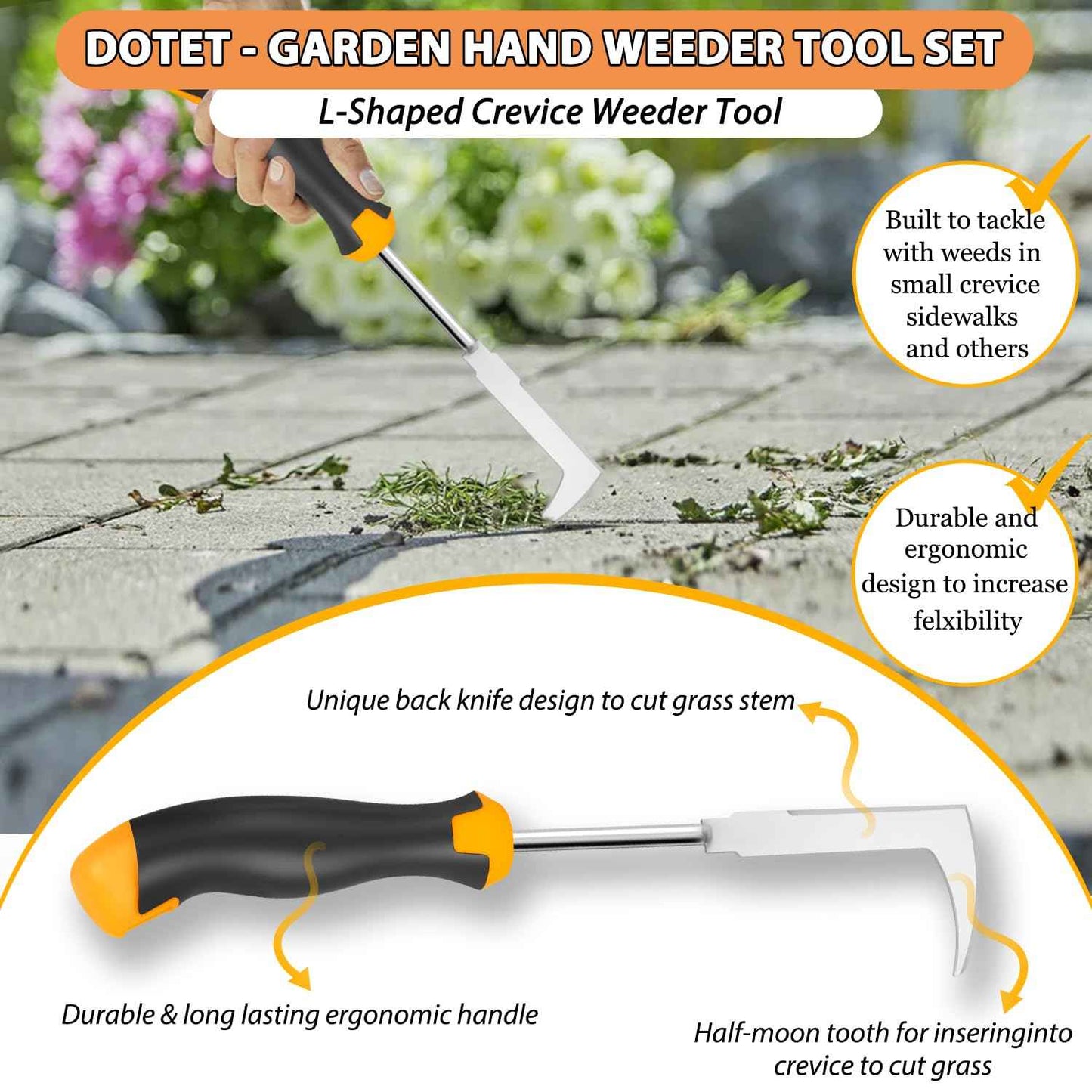 Dotet Garden Uprooting Weeding Tools - 3 Pack Hand Held Weeder Puller Tool Set, Rubber Handle, Weed Remover for Garden Farm Weeding
