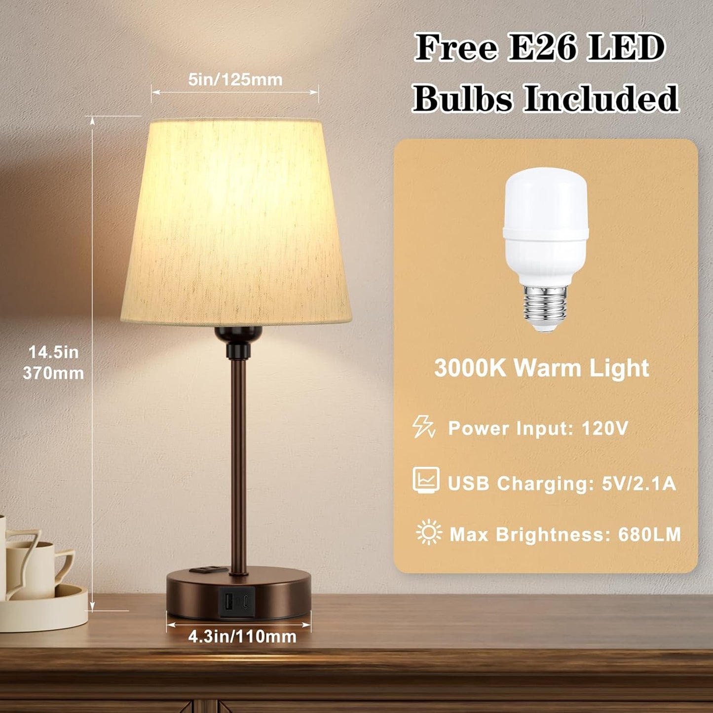 Set of 2 Mini Bedside Lamps with USB-C & AC Outlet - Dimmable Touch Nightstand Lights for Bedrooms