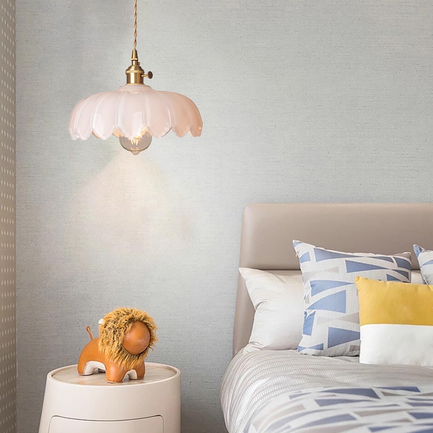 LOTREE Milk White Glass Pendant Light Fixtures Medium 9.8 Inches Lampshade Gold Brass Finish and Switch Vintage Pendant Ceiling Lamp Copper Pendant Lighting (Milk White)