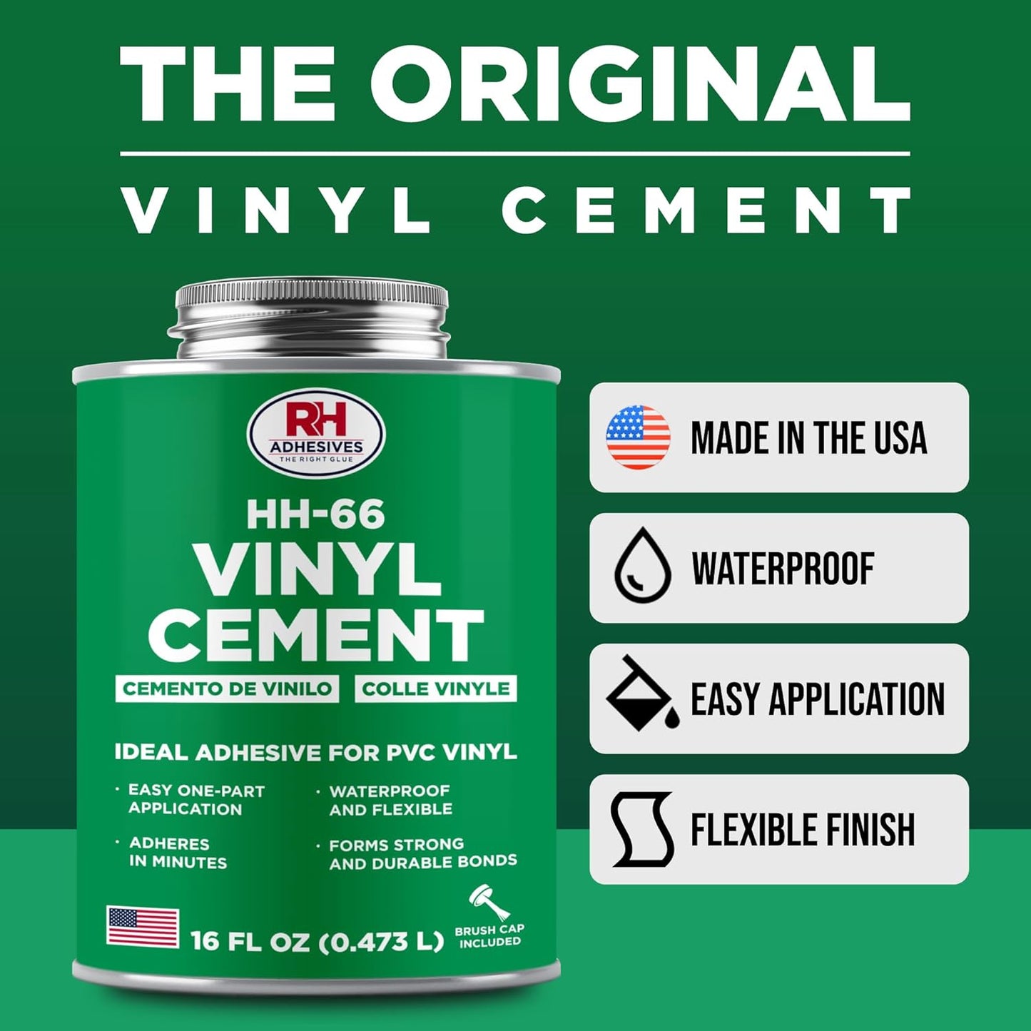 RH Adhesives HH-66 Vinyl Cement 16 oz - Waterproof Vinyl Adhesive for PVC & Vinyl Repair
