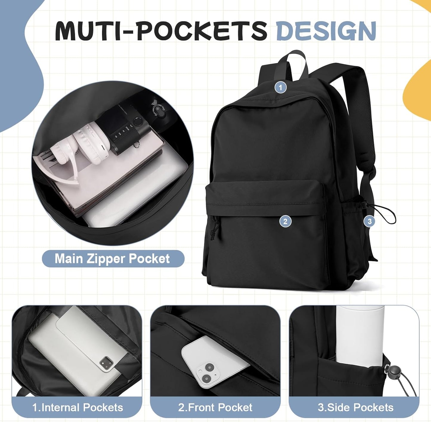PAUBACK Black Waterproof School Backpack - Lightweight Cute Bag for Girls, Teens & Women