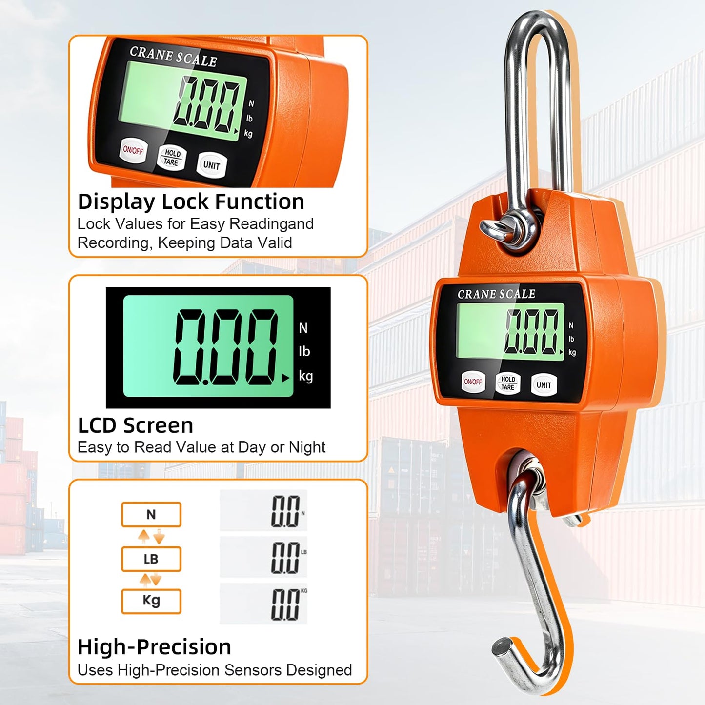 Digital Hanging Scale, 1100lb/500kg Handheld Crane Scale, Small Crane Scale with LCD Display and Hooks, Aluminum Alloy Body for Hunting, Outdoor, Luggage, Farm (Orange)