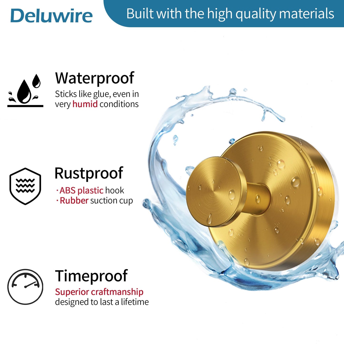 Deluwire Suction Cup Hooks for Shower,3 Packs Towel Holder,Removable Shower Towel Suction Hooks for Bathroom Wall,Kitchen,Glass,Mirror,Tile to Hang Robes,Loofah-Gold No Rough or Dirty Surfaces