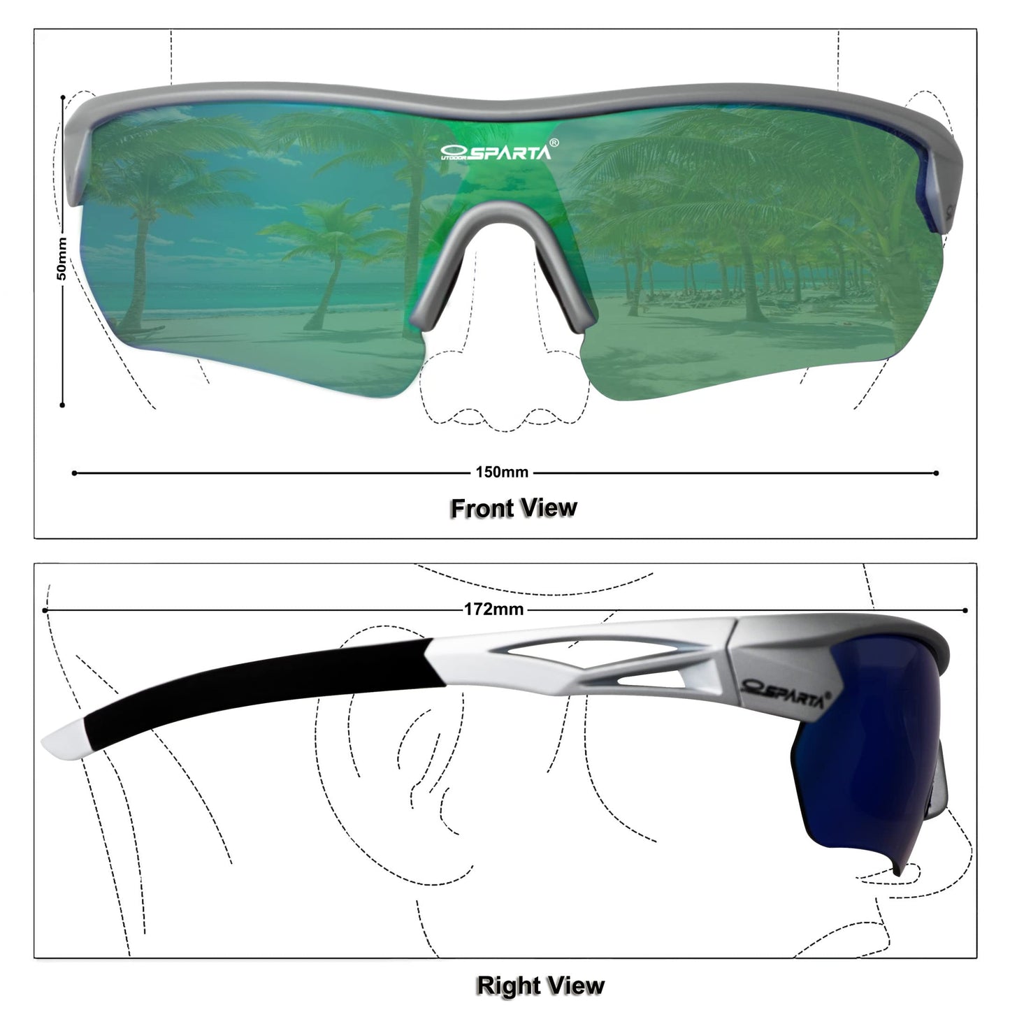 OUTDOORSPARTA Polarized Sports Sunglasses Cycling Glasses With 5 Interchangeable Lenses Driving Shades For Men & Women (6. Silver Black Frame, Full Lens Mirorred Green)