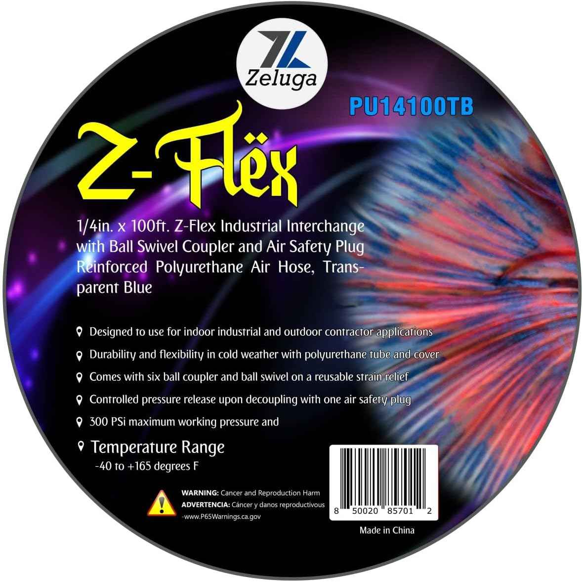 Z-Flex 1/4in. x 100ft. Reinforced Polyurethane Air Hose with Ball Coupler & Safety Plug - 300 PSI