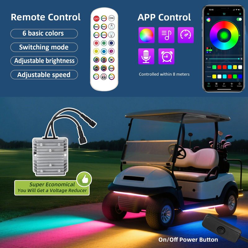 AIPSET Golf Cart LED Light Strip, LED Lights Underbody Underglow Kit, Neon Strips Lighting, Universal Compatible with EZGO Club Car Yamaha, 12V - 80V Input, Muti-Color, Music Sync & Waterproof, 4PCS