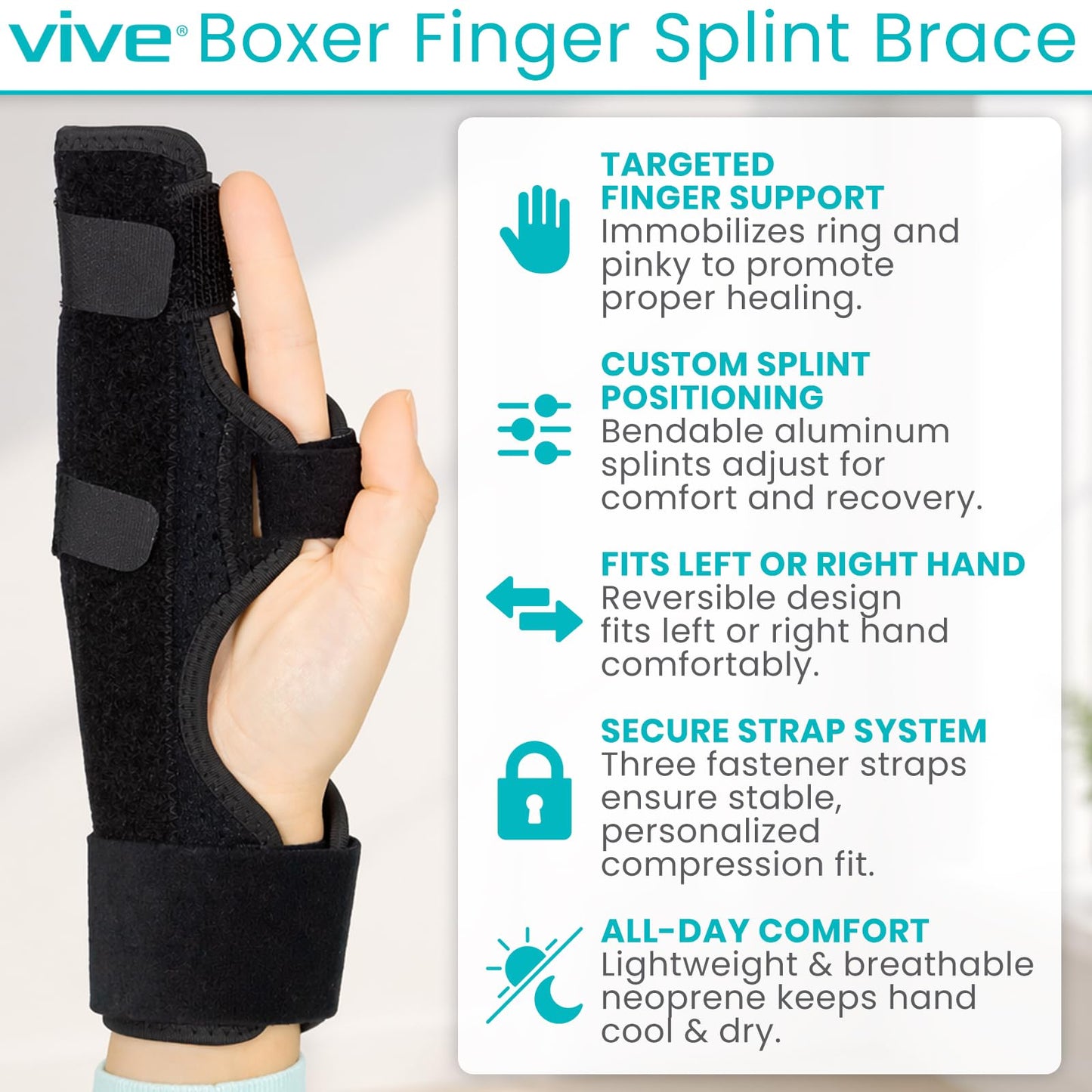 Vive Boxer Finger Splint Brace- Supports Pinky, Ring, Middle Metacarpals and Knuckles - Right or Left Adjustable Hand Brace - Straightening for Trigger Finger, Injury, Fracture, Broken, Tendonitis (7.75 Inch)