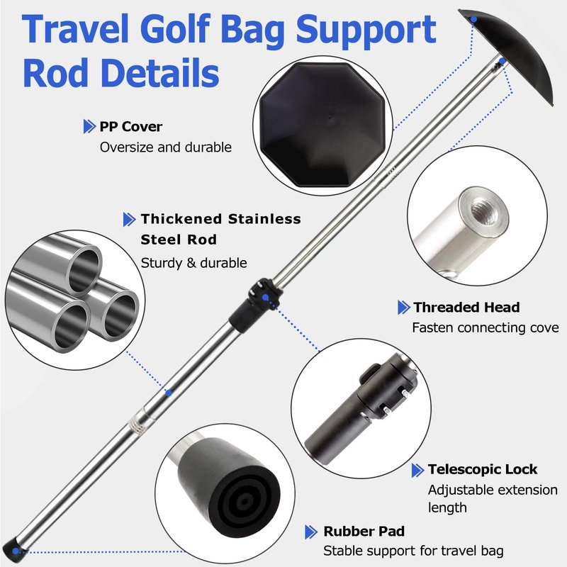 Greeily Golf Travel Bag Support Pole, 33"-60" Golf Travel Bag Support Rod Telescopic Adjustable Airlines Stiff Arm Club Protector Stainless Steel Pole (Black Cover)