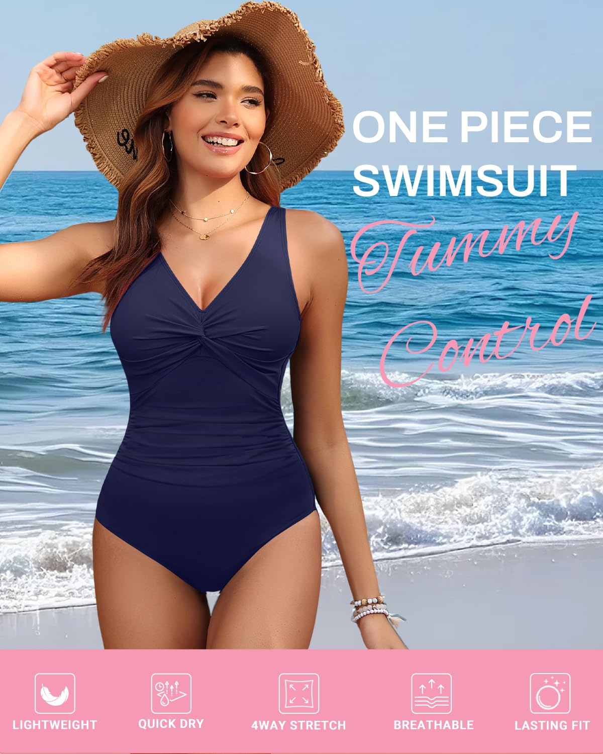 Navy Blue Tummy Control One Piece Swimsuit Full Coverage Bathing Suit S