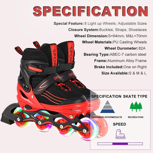 Kids Inline Skates for Girls Boys with All Wheels Illuminating, Adjuatable Mens and Womens Roller Skates Blades for Beginner in Outdoor and Indoor (Black&Red, Medium - Big Kids)