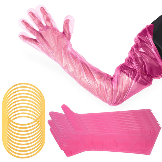 Lauwell 50 Pcs Disposable Dressing Gutting Gloves 35 Inch Shoulder Length Field Dressing Gloves Veterinary Insemination Glove (Pink)