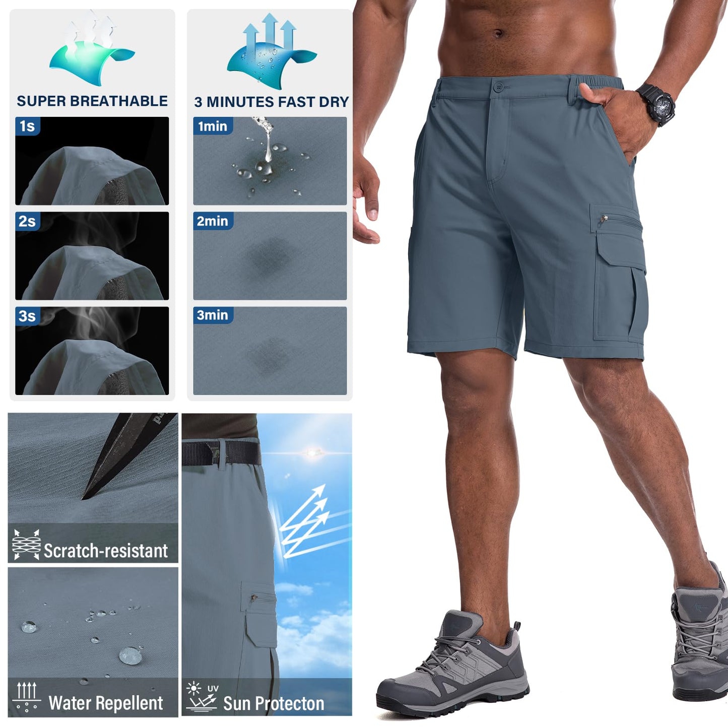 Jessie Kidden Mens Outdoor Casual Expandable Waist Lightweight Water Resistant Quick Dry Fishing Hiking Shorts (6222 Solid Blue Grey 38)