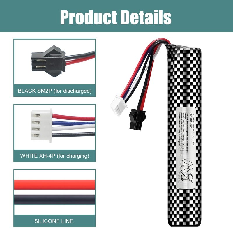 Skywolfeye Airsoft Battery 11.1V 2000mAh SM2P Plug with USB Charger for Airsoft Gel Water Bead Blaster Rechargeable Batteries Hobby Remote & App Controlled Vehicle Batteries (2Pack)