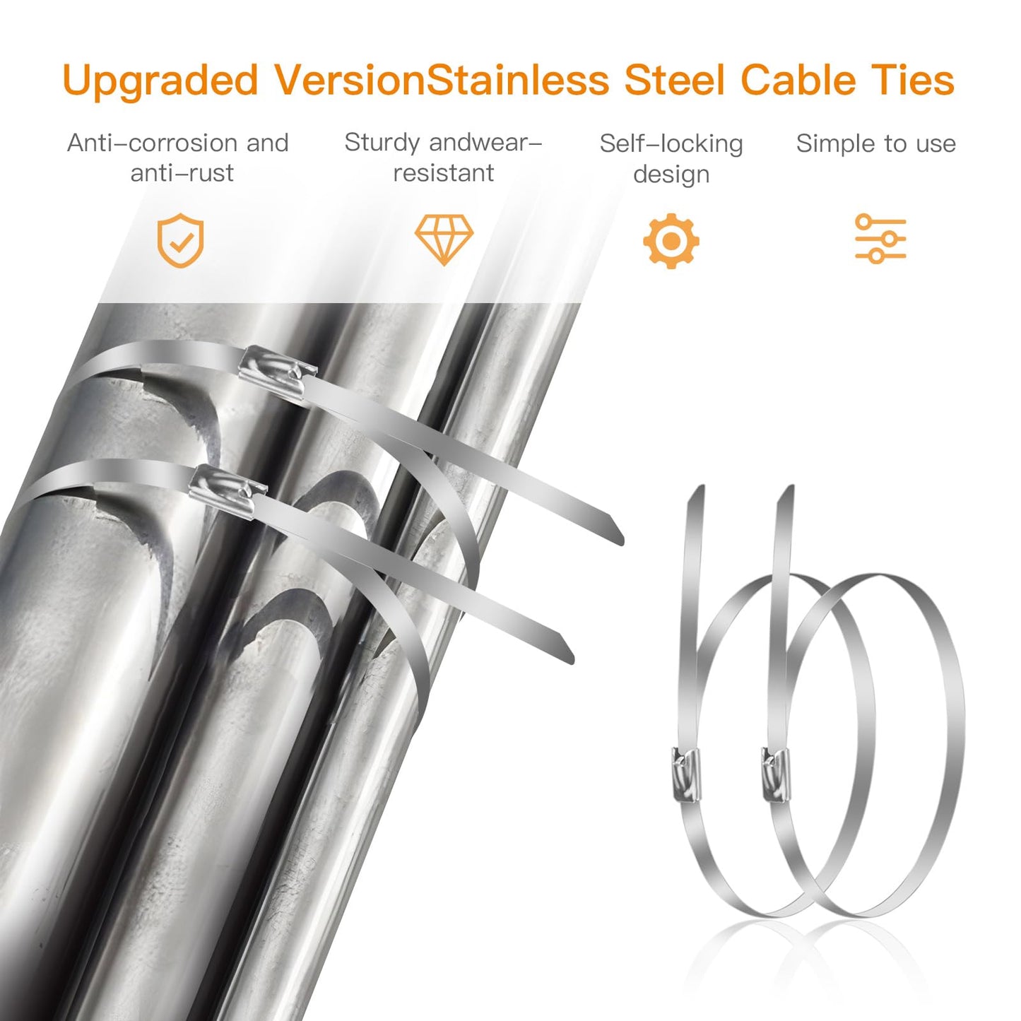 TOMSHUB 100 Pcs Metal Zip Ties 11.8 inch 304 Stainless Steel Zip Ties Heavy Duty Outdoor Multi-purpose Self-locking Cable Ties for Exhaust Wrap, Chain Link Fence, Machinery, Vehicles,Farms, Pipes