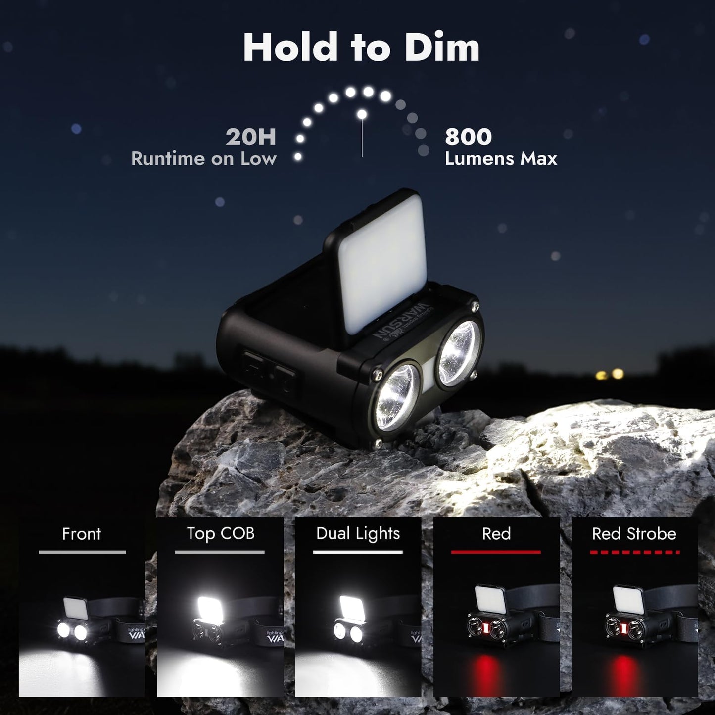 WARSUN MD9 Multi-Use Headlamp Rechargeable LED – Cap & Bike Mount, COB, Motion Sensor, 5 Modes, 800 Lumens or Camping, Fishing, Hiking