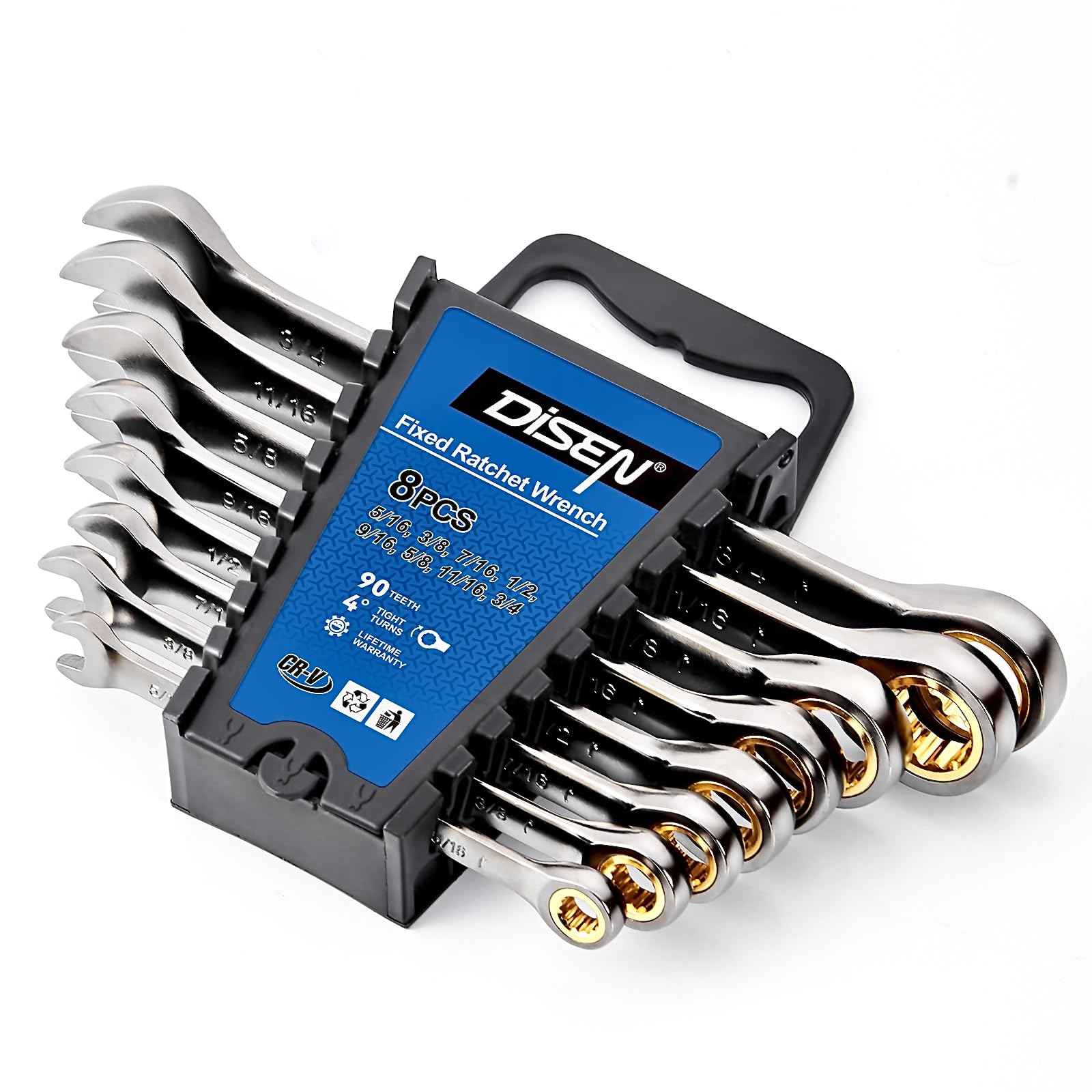 DISEN Ratcheting Wrench Set SAE Upgraded Open&Box End 90 Teeth 5/16", 3/8", 7/16", 1/2", 9/16", 5/8", 11/16", 3/4" Combination Ratchet Wrenches with Organizer, Black Nickel Coated,CR-V Steel (8PCS)