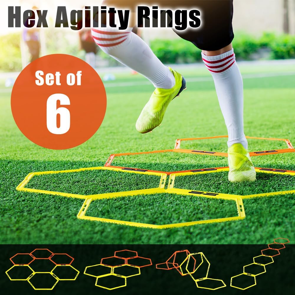 Japard Hex Agility Rings for Speed Training & Agility Footwork Training Speed Hurdles Ladder with Carrying Bag (Six (6) Rings)