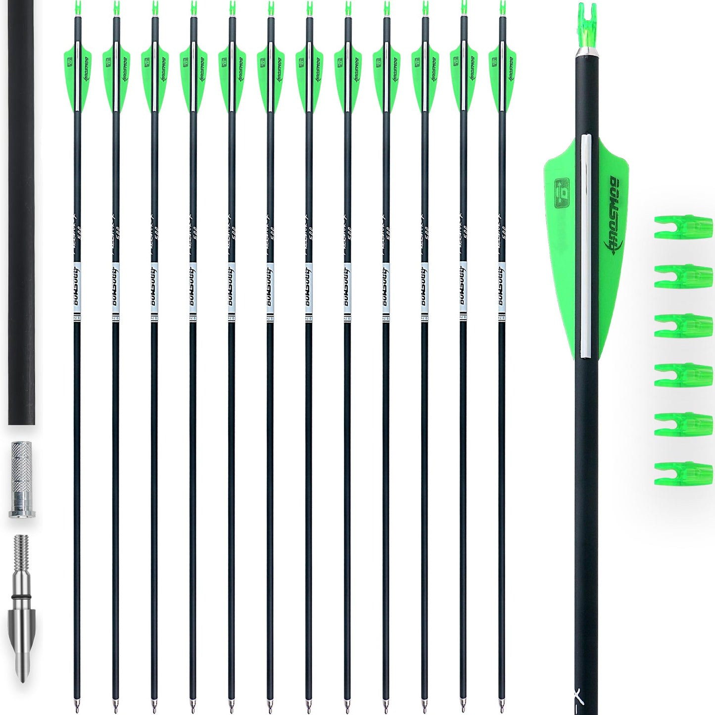 BOWSOUL 31Inch Carbon Arrows for Target Practice Hunting Arrow with Removable Tips for Compound & Recurve Bow(Pack of 12) (Green White)