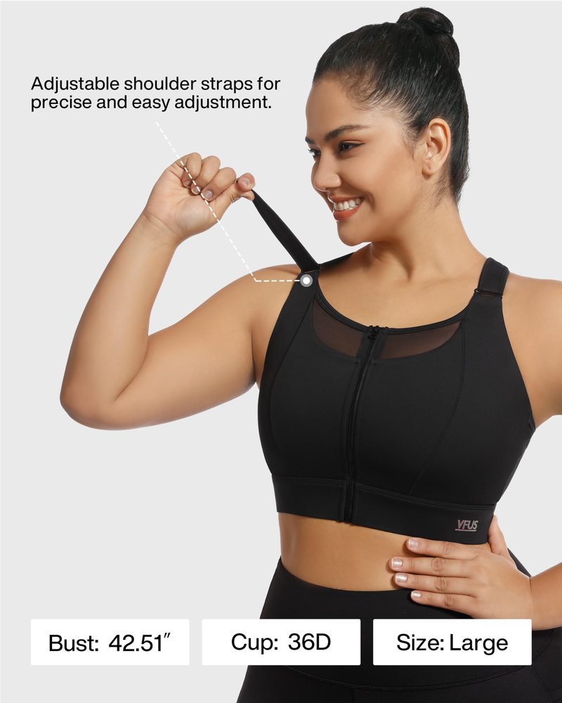 VFUS Adjustable High Impact Sports Bra Zip Front Sexy Mesh Racerback Workout No Bounce Compression Bras for Women (Large, Black)