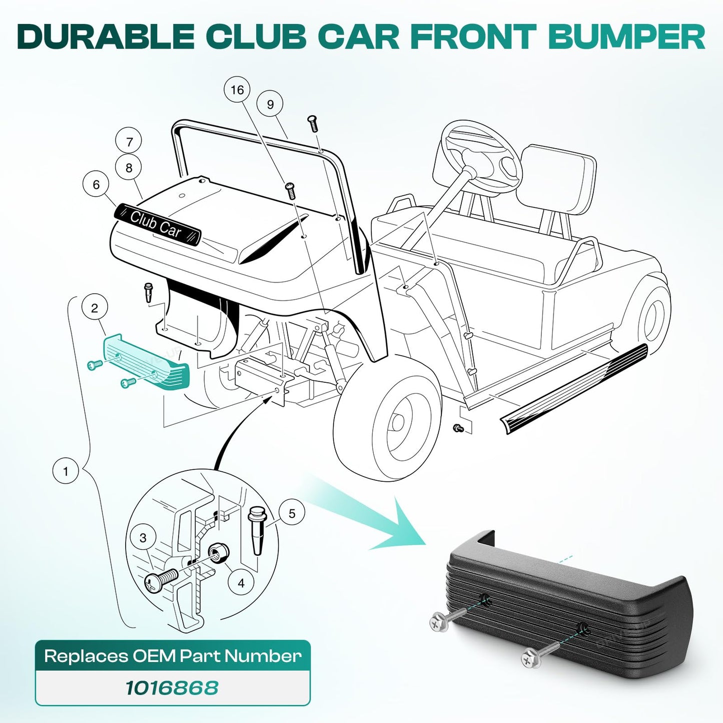 DRIVE UP Golf Cart Front Bumper, Club Car Front Bumper, Suitable for Club Car DS 1993-up Gas and Electric Golf Carts,OEM1016868