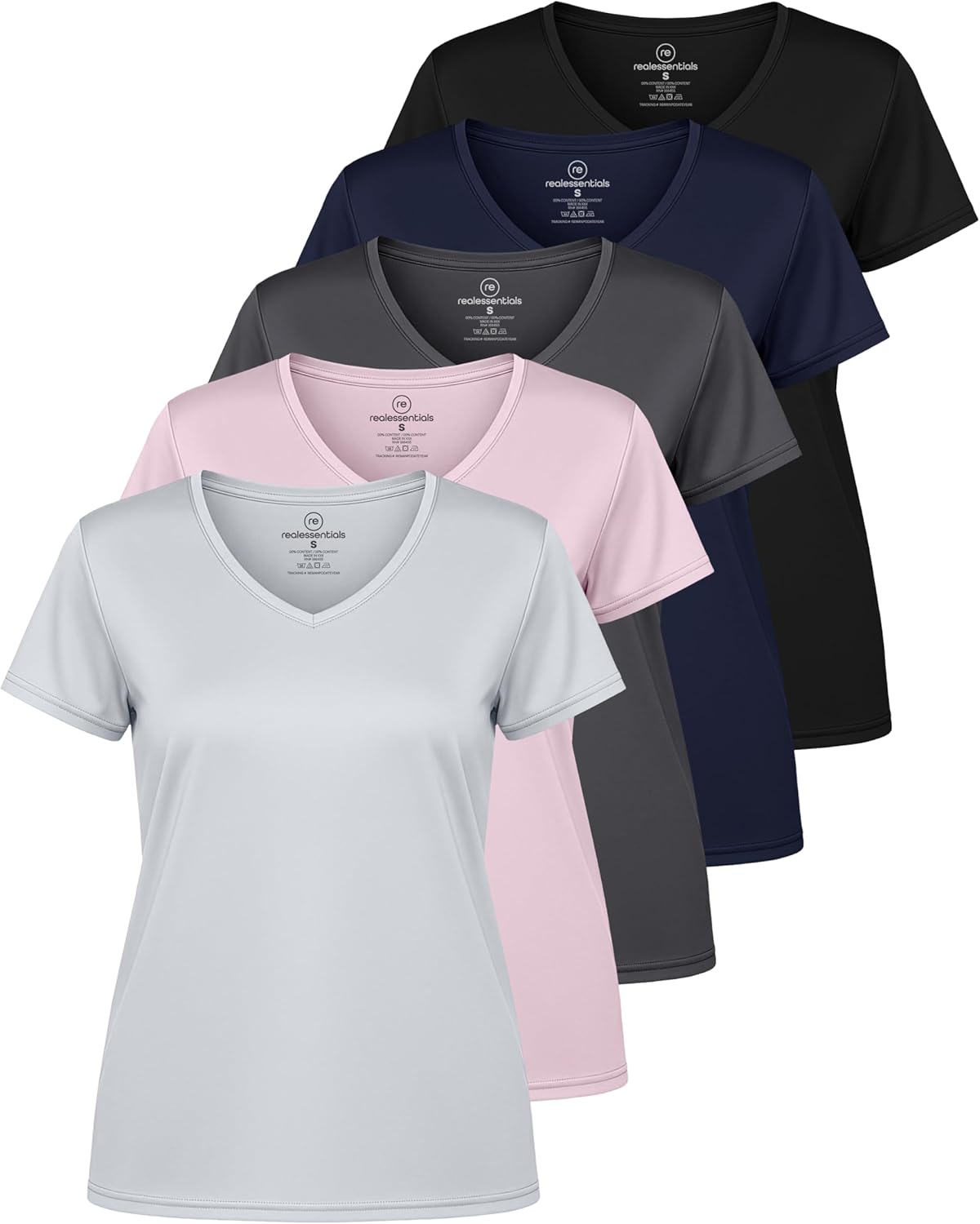 Real Essentials Women's Dry-Fit Short Sleeve V-Neck T-Shirt - 5 Pack Yoga & Workout Tops (Plus Size Available)