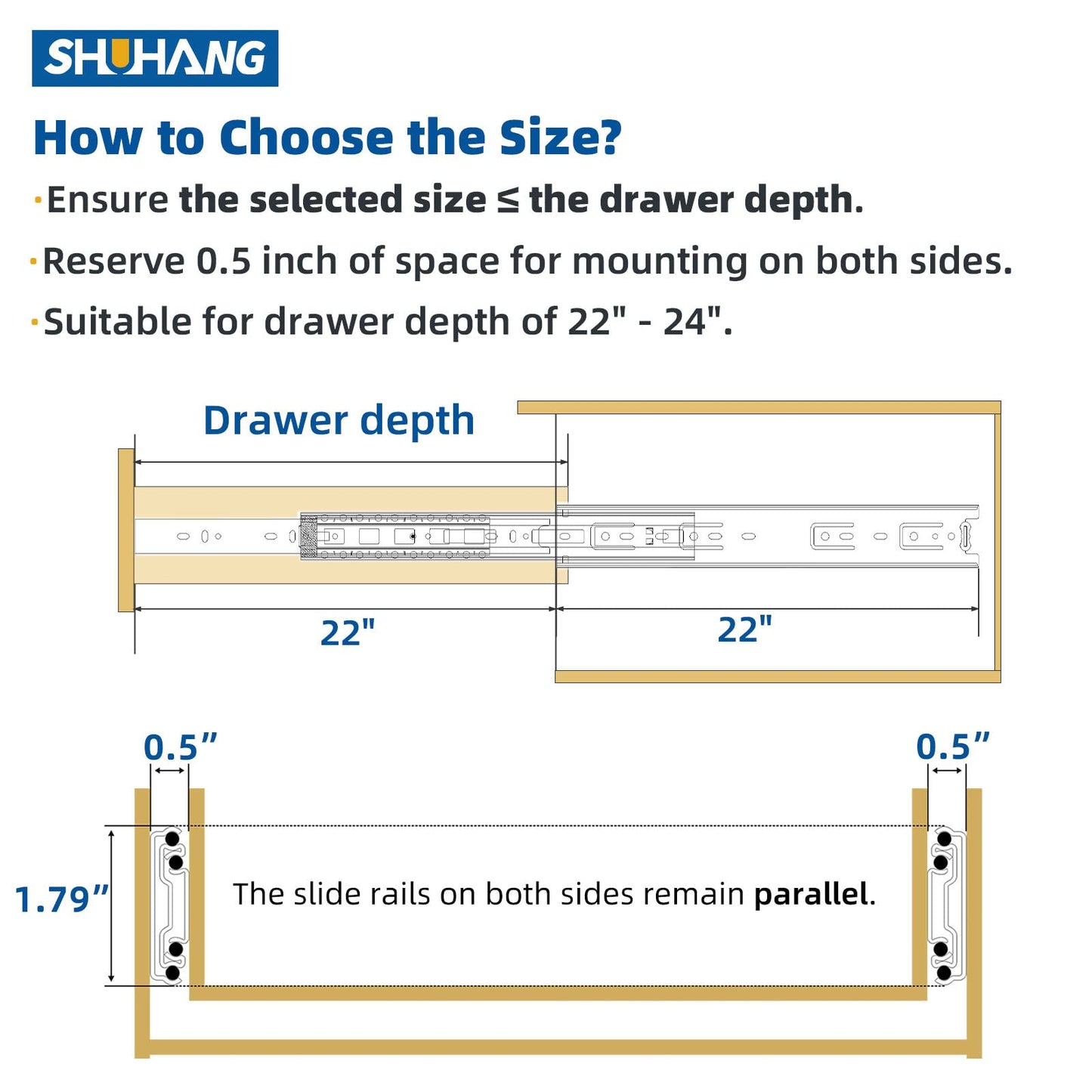 SHUHANG 10 Pair Full Extension Drawer Slides 8 10 12 14 16 18 20 22 24 Inch Ball Bearing Rails 100 lb Load Capacity Side Mount Cabinet Dresser Glides Wardrobe Kitchen Trash Can Slider Runners Silver
