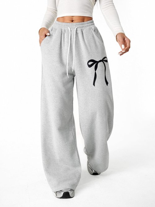 Verdusa Women's Coquette Bow Baggy Sweatpants Fitness Clothing Wide Leg Pants with Pockets Grey Small