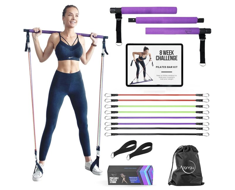 Portable Pilates Bar Kit with Resistance Bands (20, 30, 40, 50 LB) - Guided 8-Week Pilates Bar Kit Plan - Premium Quality Home Equipment 3-Section Pilates Bar with Resistance Bands Full-Body Toning
