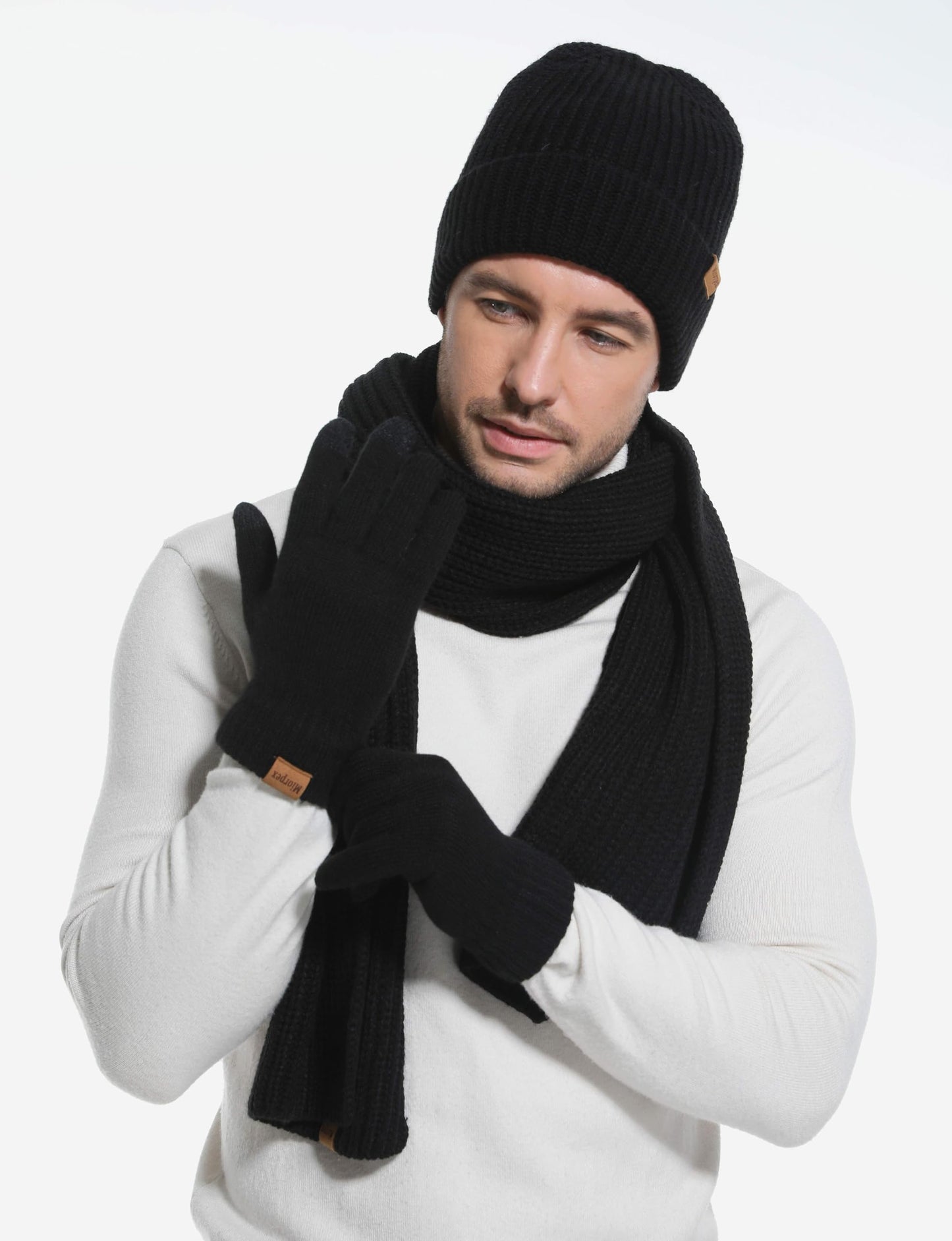 Miorpex Mens Winter Beanie Hat Touchscreen Gloves Long Scarf 3 Set with Warm Fleece Lined Knit Caps Scarves for Men Women Black
