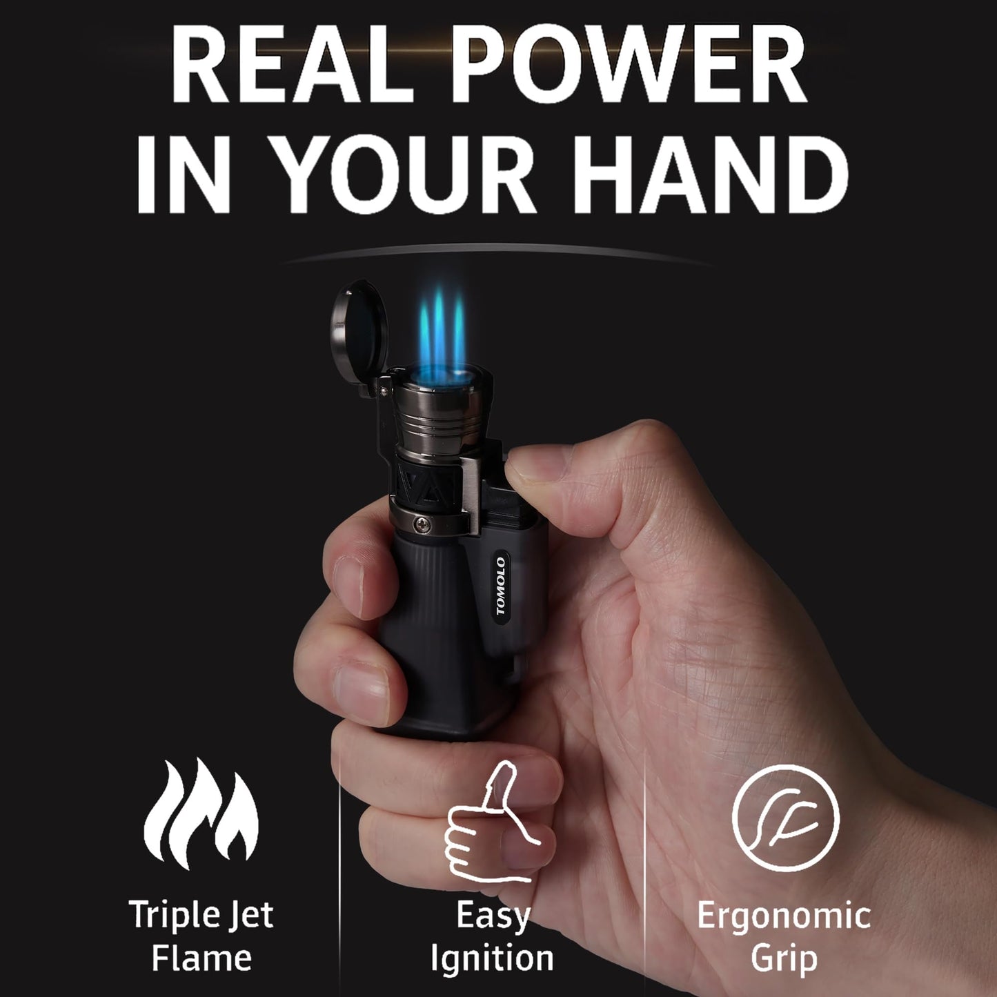 TOMOLO Torch Lighter 2 Pack, Refillable Butane Lighter with 3 Jet Torch Adjustable Windproof Flame (Without Fuel)(Black)