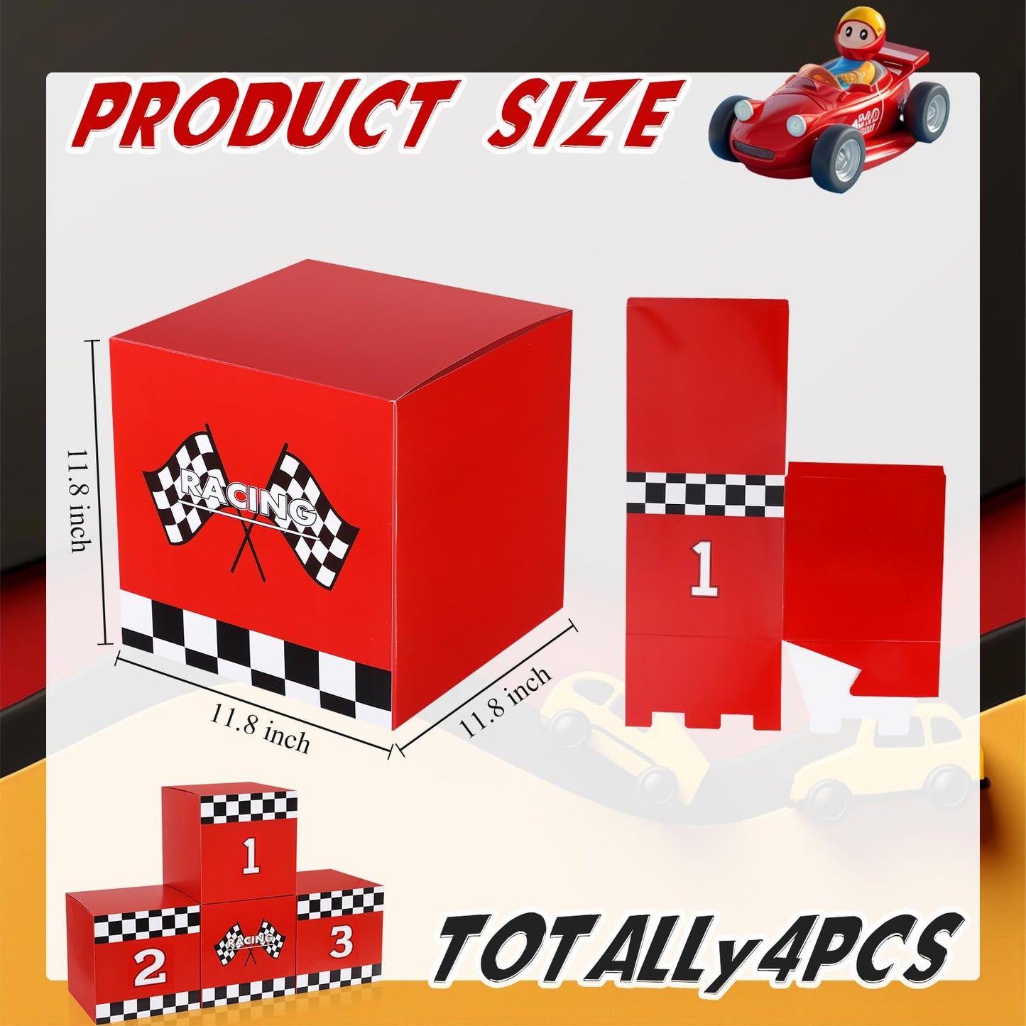 Zhanmai 4 Pcs Large Racing Car Party Boxes 11.8 x 11.8 Inch Goodie Checkered Boxes for Birthday Decor Truck Theme Race Car Podium Centerpiece Decorations Cardboard Party Favors(Red)