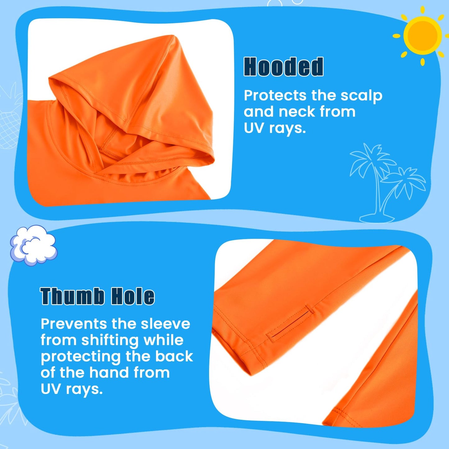 HODOSPORTS Boys Rash Guard Swim Shirt Long Sleeve for Kids UPF 50+ Sun Protection Hooded Swimming Hiking Shirts Swimsuit Orange