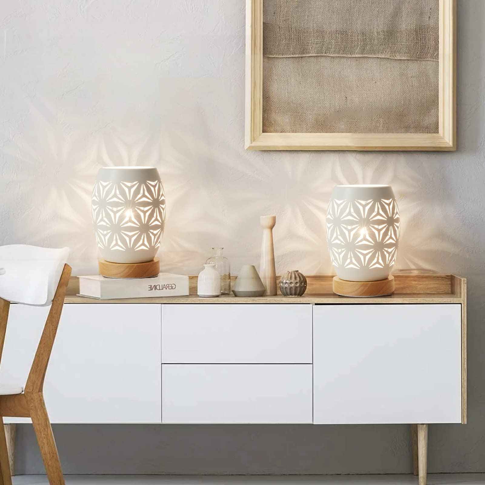 OuXean Bedside Table Lamp, Small Night Light Metal Lampshade and Wood Base, E12 40W Desk Lamp for Bedroom Living Room Home Decor Office Restaurant Bar, White, Without Bulb