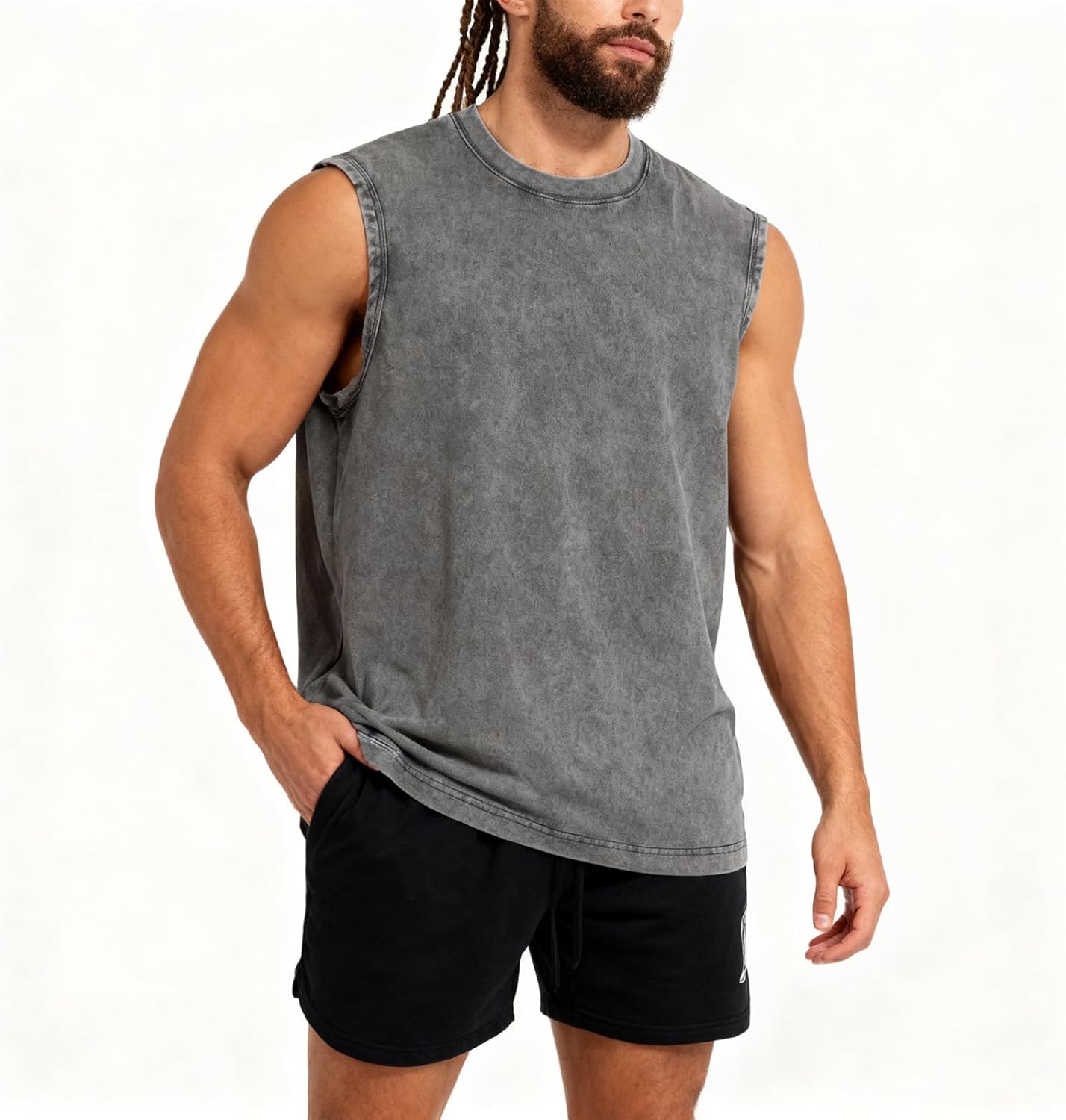 Skiennix Men's Muscle Tank Top - Sleeveless Cotton Gym Tee for Running | Acid Wash Design